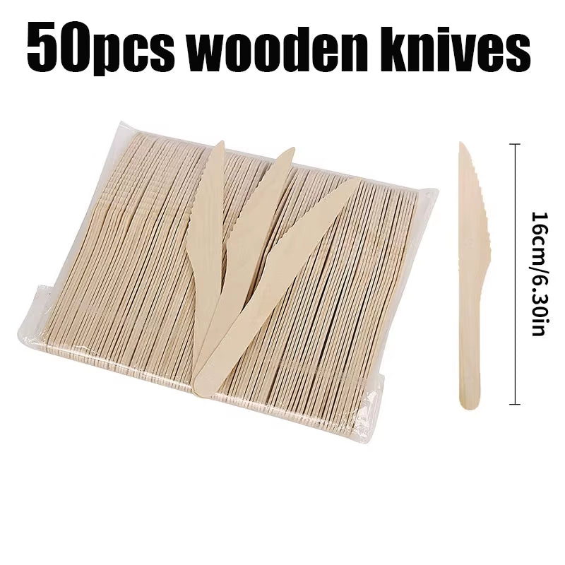 50Pcs Disposable Paper Plates Compostable Wood Grain Paper Tray Natural Wooden Forks Spoons Set Party Table Accessorie