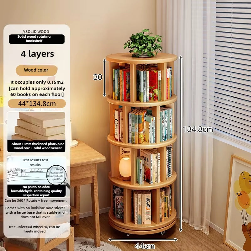 360-Degree Rotating Solid Wood Bookshelf: Floor-To-Ceiling, Wall-Mounted, Narrow Corner Cabinet