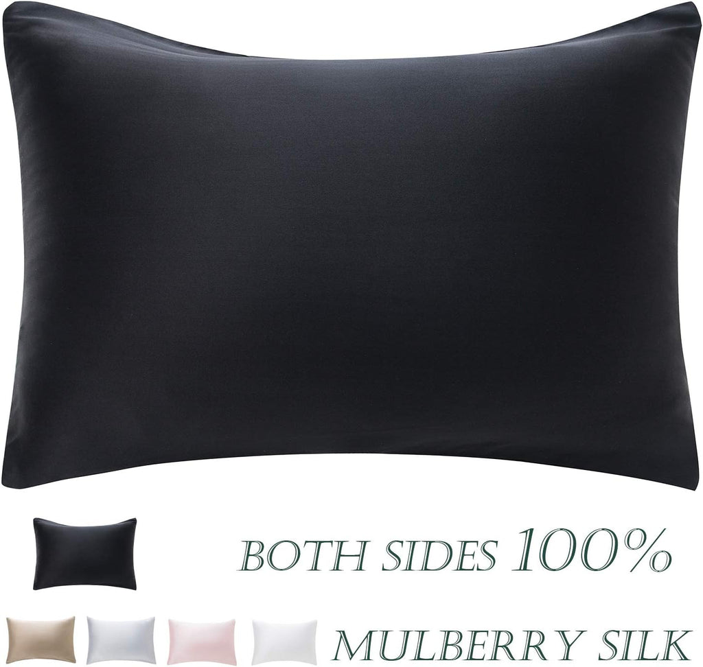 100% Mulberry Silk Pillowcase for Hair and Skin, Both Side 19 Momme Silk Pillowcase, 1Pc (Standard 20''X26'', Black)