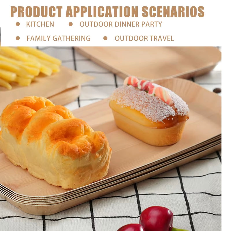 50Pcs Disposable Paper Plates Compostable Wood Grain Paper Tray Natural Wooden Forks Spoons Set Party Table Accessorie