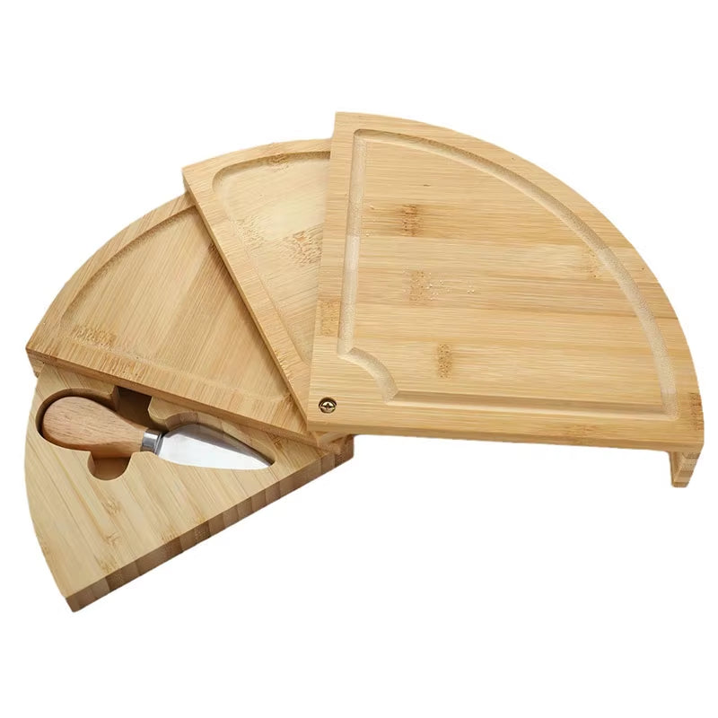 Bamboo Cheese Board Set round Rotatable Cheese Board Vegetable Board with Knife Steak Bread Fruit Snack Plate