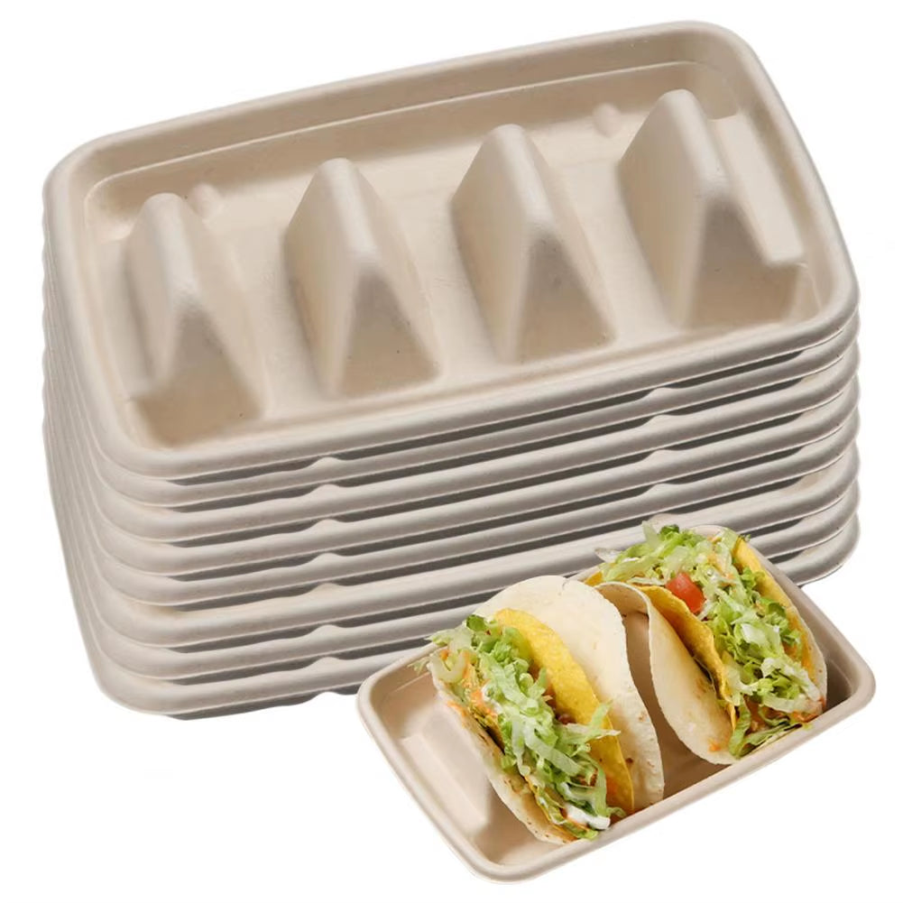 10Pcs Disposable Taco Holders Tray Holder with Dividers Eco-Friendly Taco Plates Packaging Box Event Taco Bar Serving Set