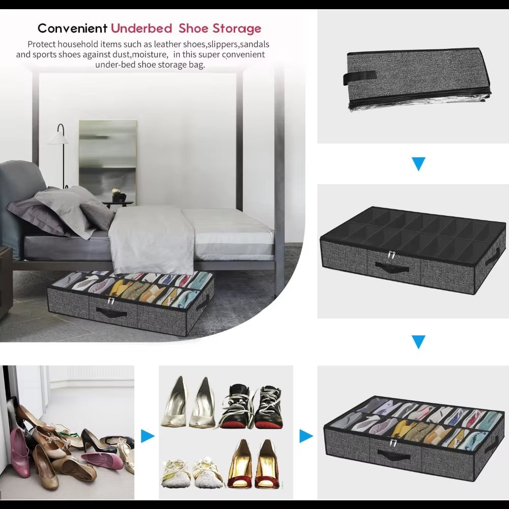 Shoe Storage Organizer Box for under Bed, Fit 12 Pairs, Collapsible Closet Underbed Shoes Container Bags with Reinforced Handles