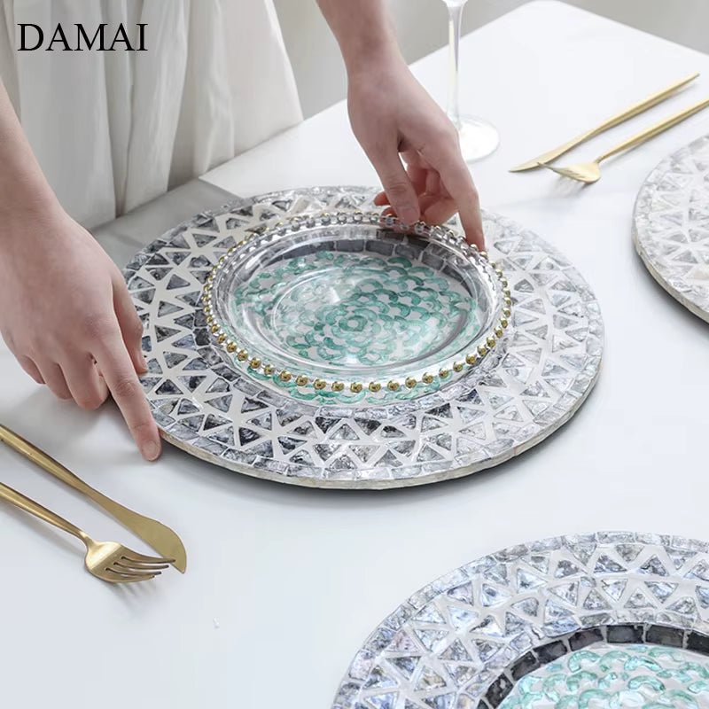 Natural Shell Wood Plates Set Golden Beads Decorative Glass Steak Pasta Plate Serving Tray Dinner Decoration Kitchen Tableware