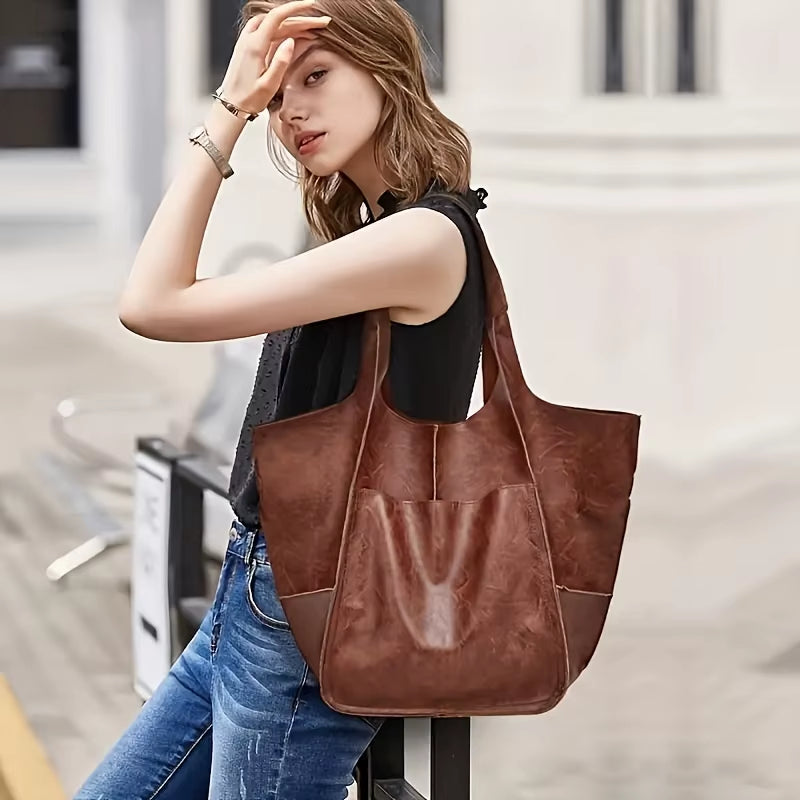 Retro Minimalist Tote Bag Large Capacity Shopping Bag Fashion PU Leather Soft Leather Shoulder Bag