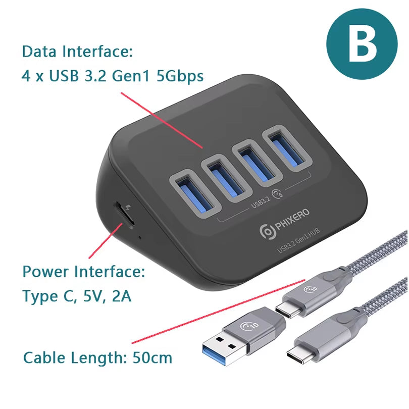 USB Splitter USB 3.2 Hub 5Gbps Type C Adapter Multi Ports USB 3.0 Docking Station Hub for Surface Macbook Laptop PC Hub