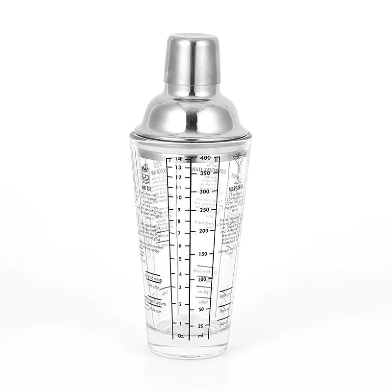Factory Wholesale 400ML Stainless Steel and Glass with Scale Mixer Shaker Cup Milk Tea Glass Shaker Cup