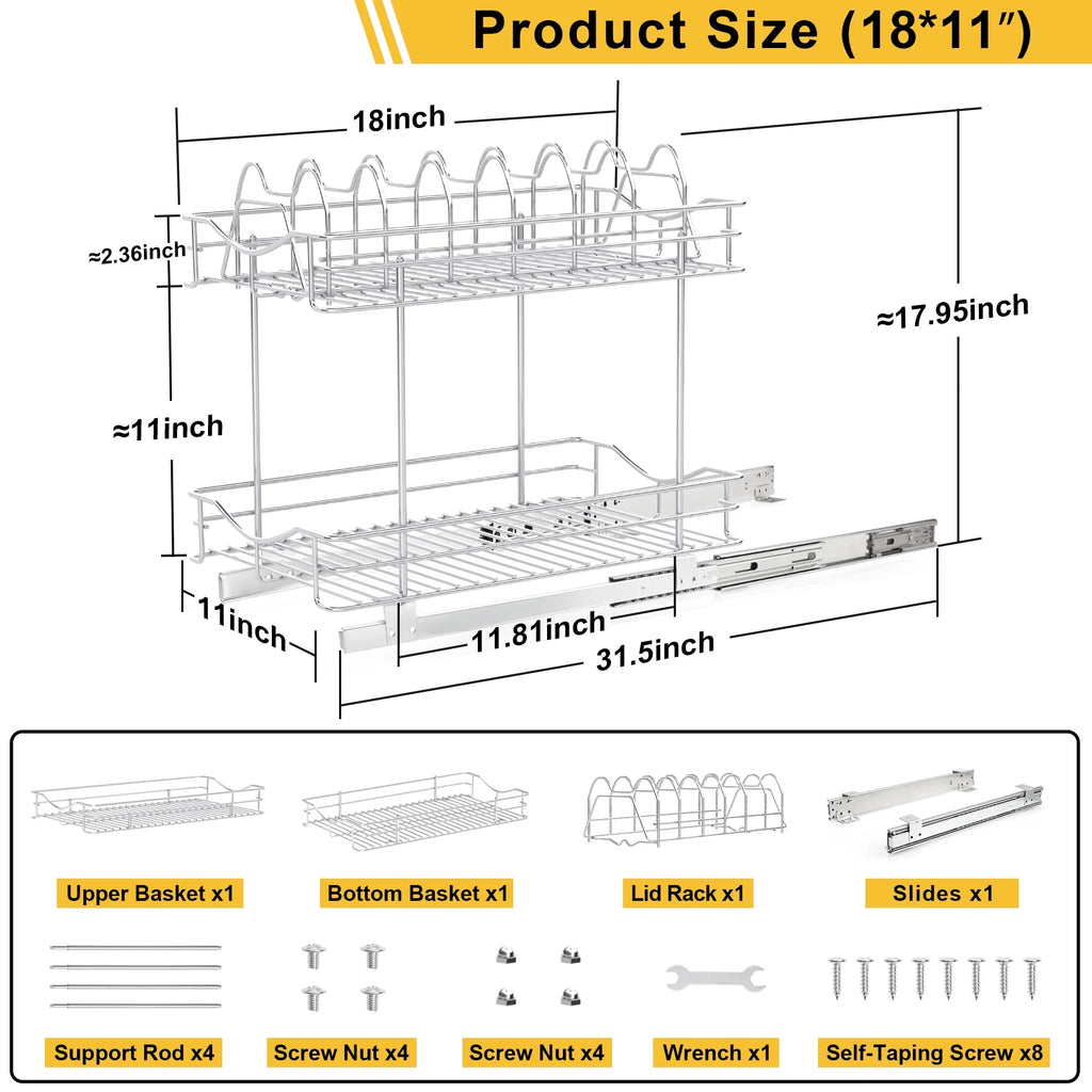 Pull Out Cabinet Pots and Pans Organizer 11" W X 18" D 2 Tier Wire Basket for Lid Cookware Drawer Slide Out Kitchen Cupboard Organization Shelves Shelf for Pantry Roll Out Storage