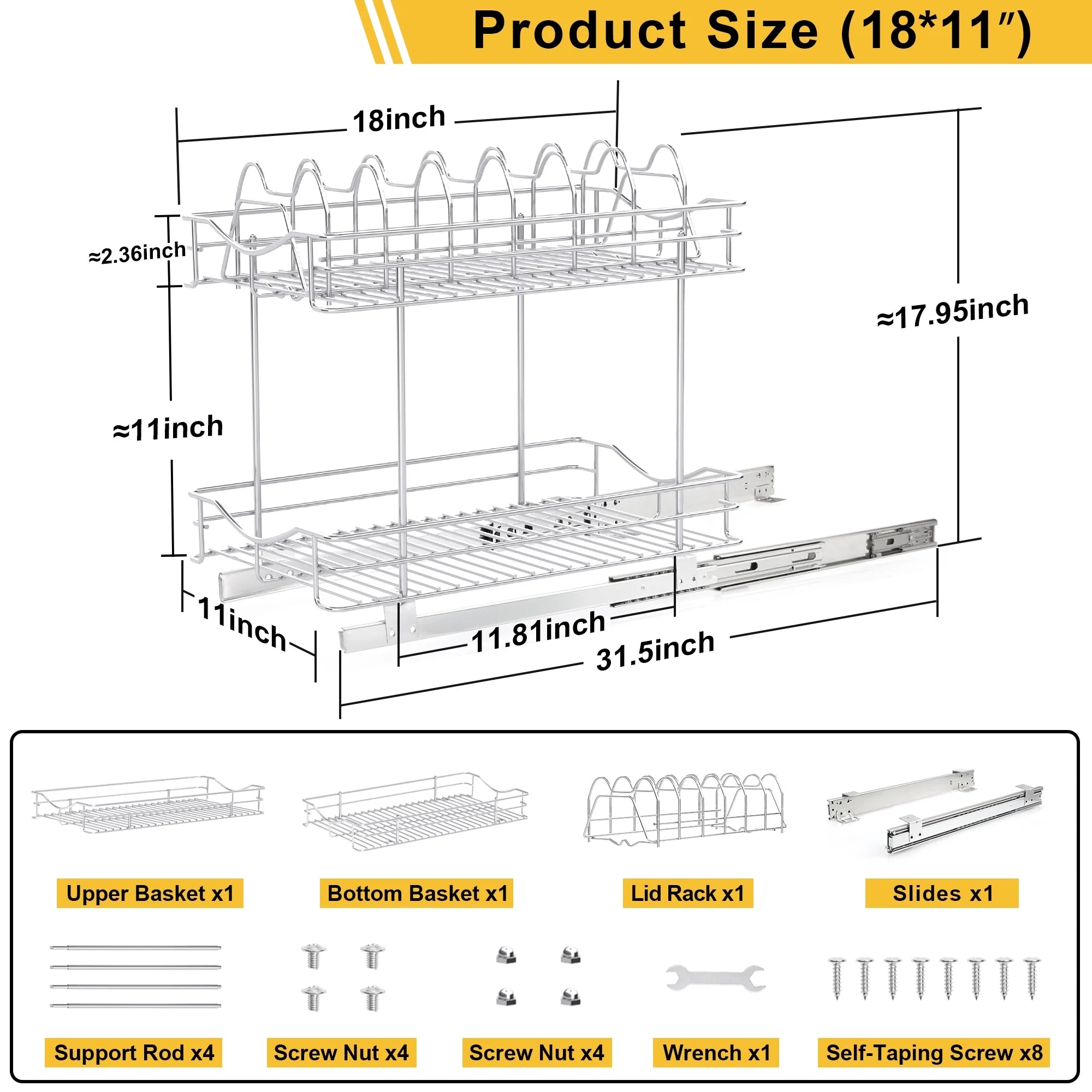 Pull Out Cabinet Pots and Pans Organizer 11" W X 18" D 2 Tier Wire Basket for Lid Cookware Drawer Slide Out Kitchen Cupboard Organization Shelves Shelf for Pantry Roll Out Storage