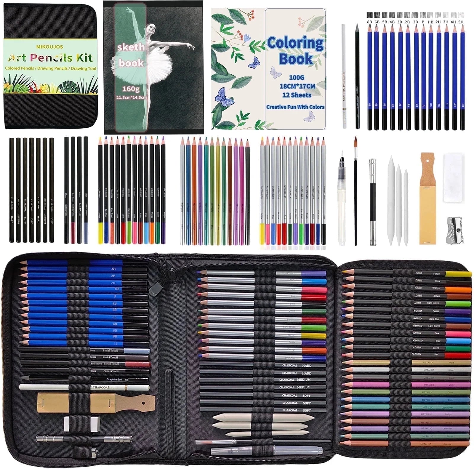 72 Pcs Art Supplies Art Set,Drawing Pencils for Artist Adult,Drawing Pencils Kit,Sketching Set Include Charcoal & Colored Pencil,Sketchbook,Coloring Book