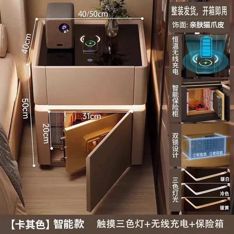 Smart Nightstand with LED Light Wireless Charging Safe or 2 Drawers – Modern Bedside Table Tempered Glass Top No Assembly