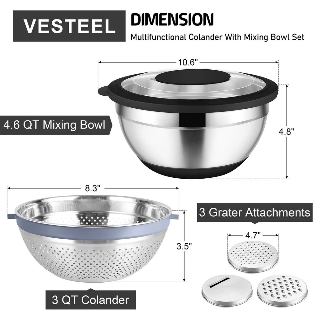 Colander with Mixing Bowl Set, 4 in 1 Stainless Steel Food Strainer with Airtight Visible Lid and 3 Graters, Multifunctional Kitchen Prep Bowls for Washing/Draining/Mixing/ Grating - Black