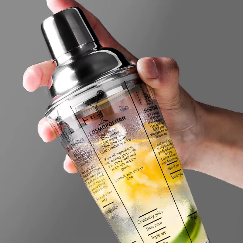 Factory Wholesale 400ML Stainless Steel and Glass with Scale Mixer Shaker Cup Milk Tea Glass Shaker Cup