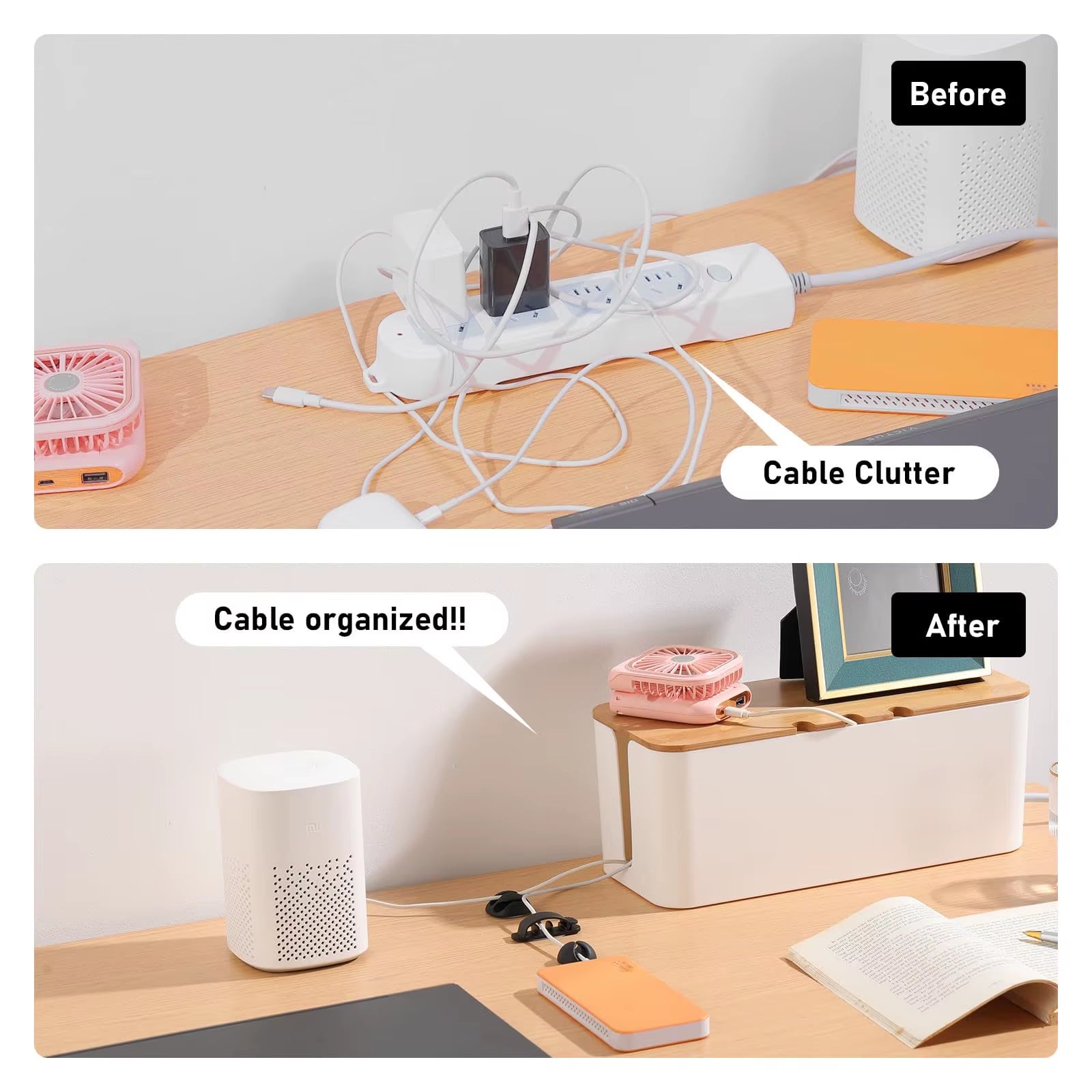 Large Cable Management Box – Wooden Style Cord Organizer and Cover for TV Wires, Computer, USB Hub and under Desk Power Strip –