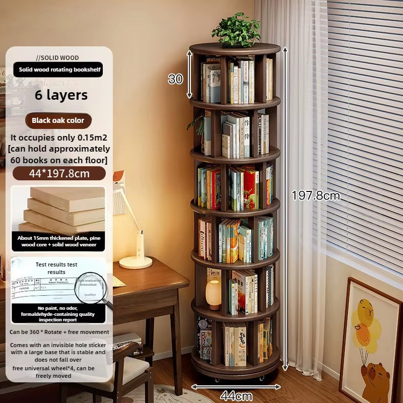360-Degree Rotating Solid Wood Bookshelf: Floor-To-Ceiling, Wall-Mounted, Narrow Corner Cabinet
