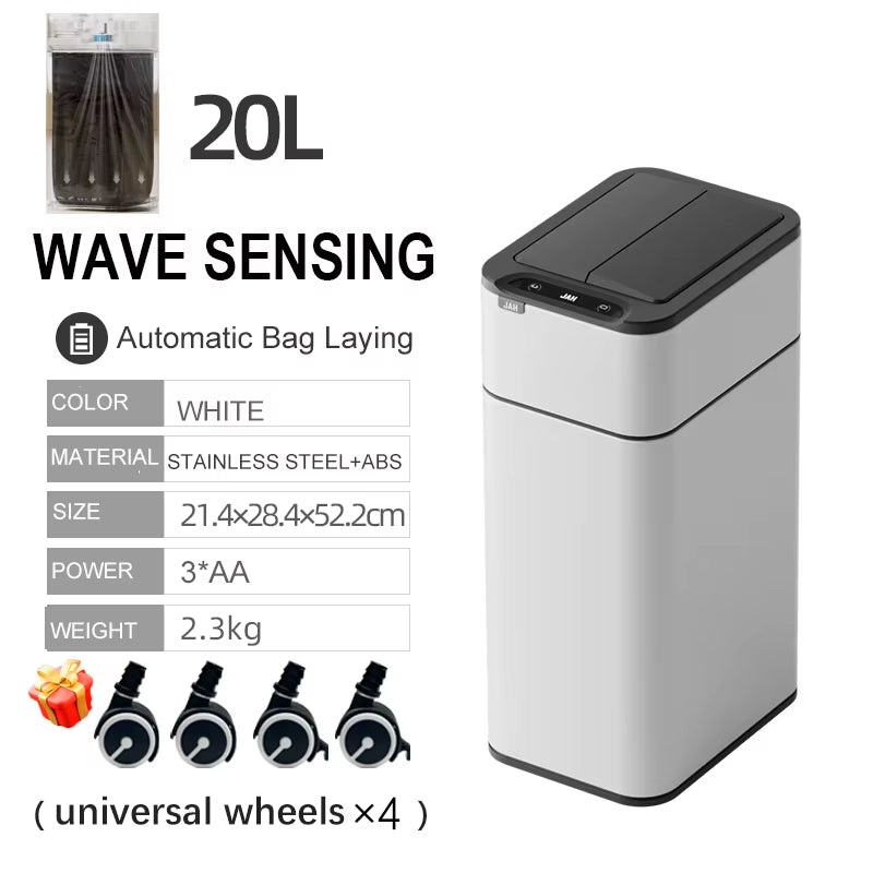 Smart Trash Can 20L Kitchen Two-Way Sensor Dustbin Wastebasket Automatic Bagging Trash Bin Stainless Home Rectangular Waste Bin