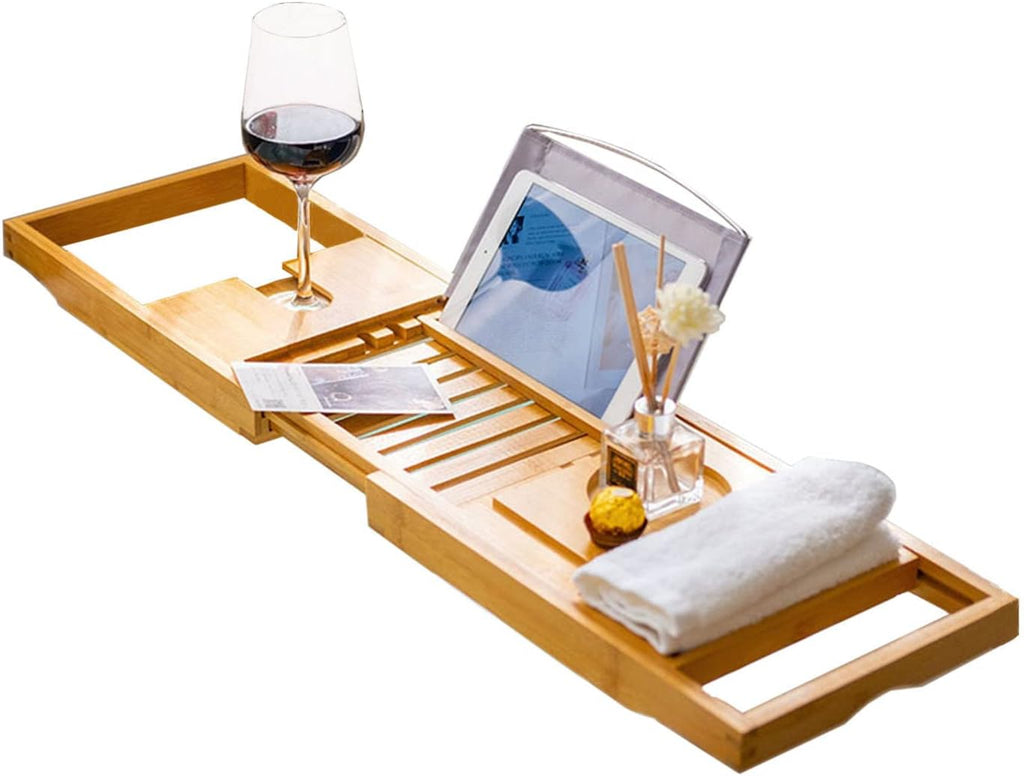Bamboo Bathtub Caddy Tray, Bath Tub Tray with 12-In-1 Features Adjustable Bathtub Table, Non-Slip and Holds Books/Tablets/Cell Phone/Towels/Foods/Wineglass/Soap Dish (Single Box)