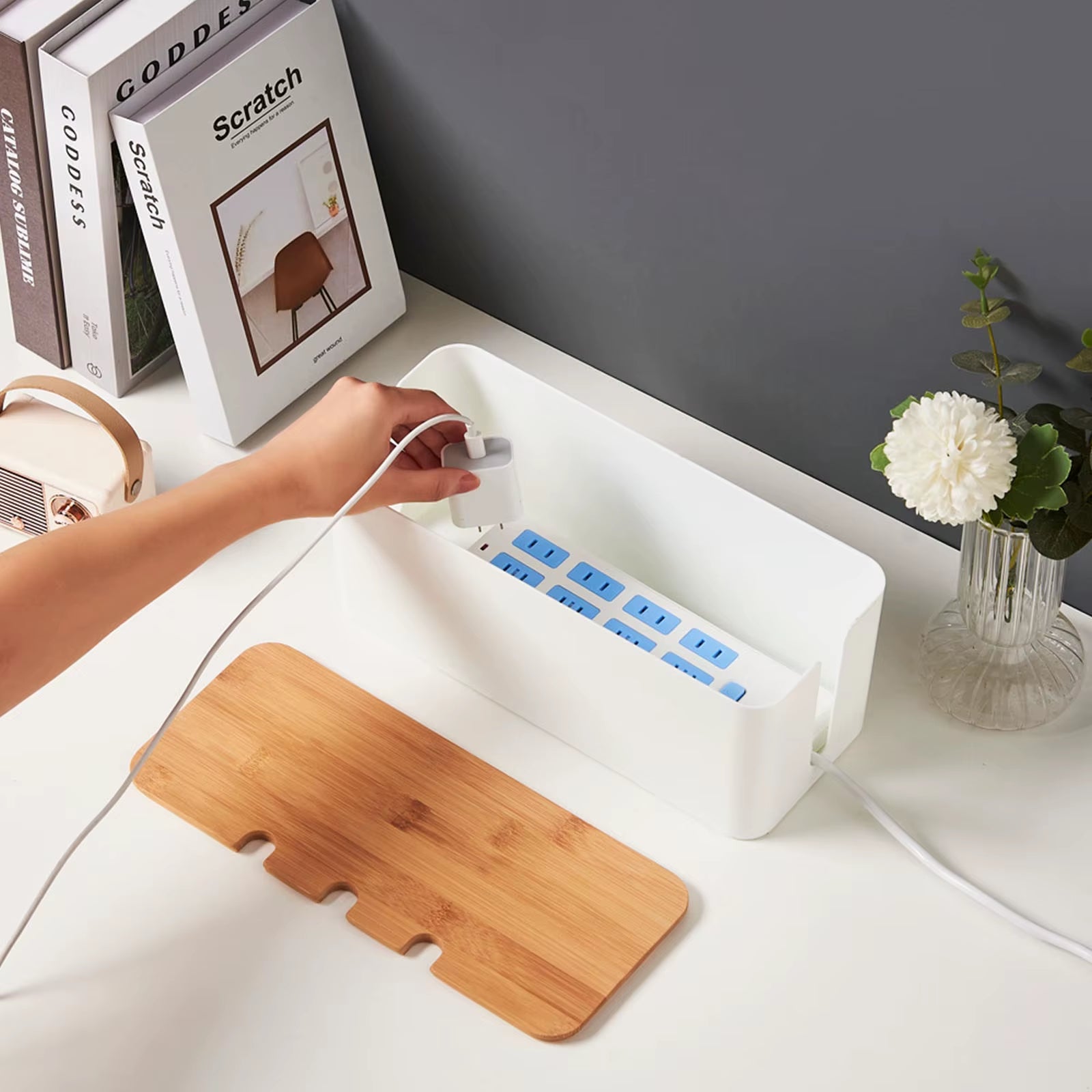 Large Cable Management Box – Wooden Style Cord Organizer and Cover for TV Wires, Computer, USB Hub and under Desk Power Strip –