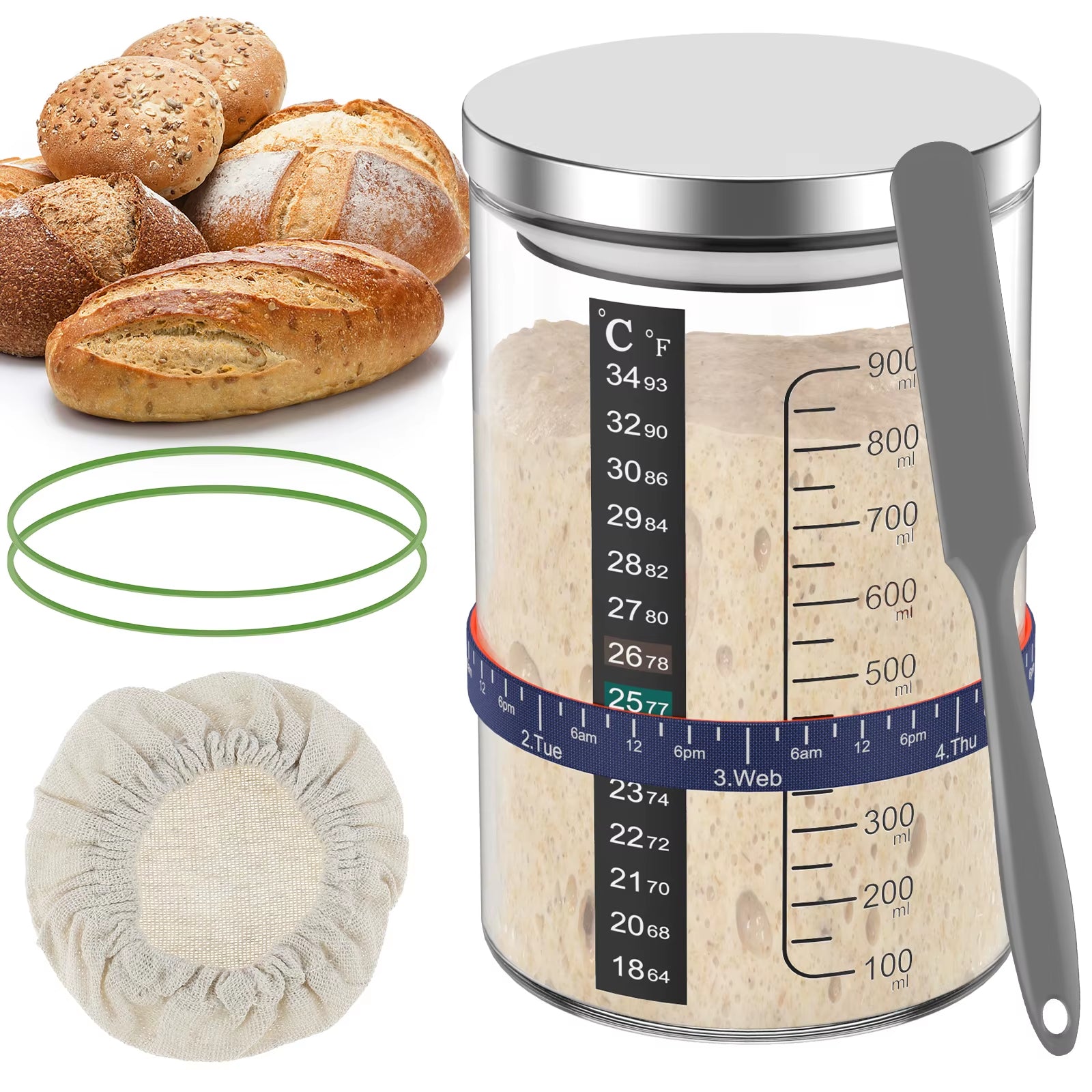 Sourdough Starter Jar 900Ml Starter Container Clear Glass Jar and Accessory Sourdough Bread Baking Supplies Ferment Food Storage
