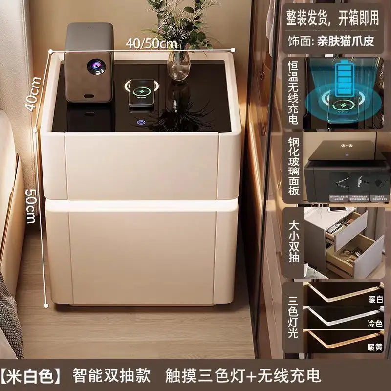 Smart Nightstand with LED Light Wireless Charging Safe or 2 Drawers – Modern Bedside Table Tempered Glass Top No Assembly