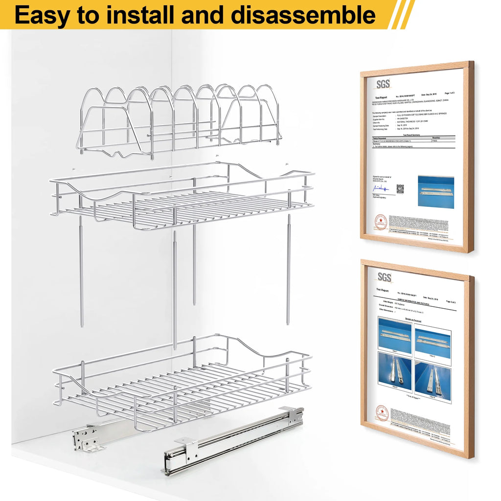 Pull Out Cabinet Pots and Pans Organizer 11" W X 18" D 2 Tier Wire Basket for Lid Cookware Drawer Slide Out Kitchen Cupboard Organization Shelves Shelf for Pantry Roll Out Storage