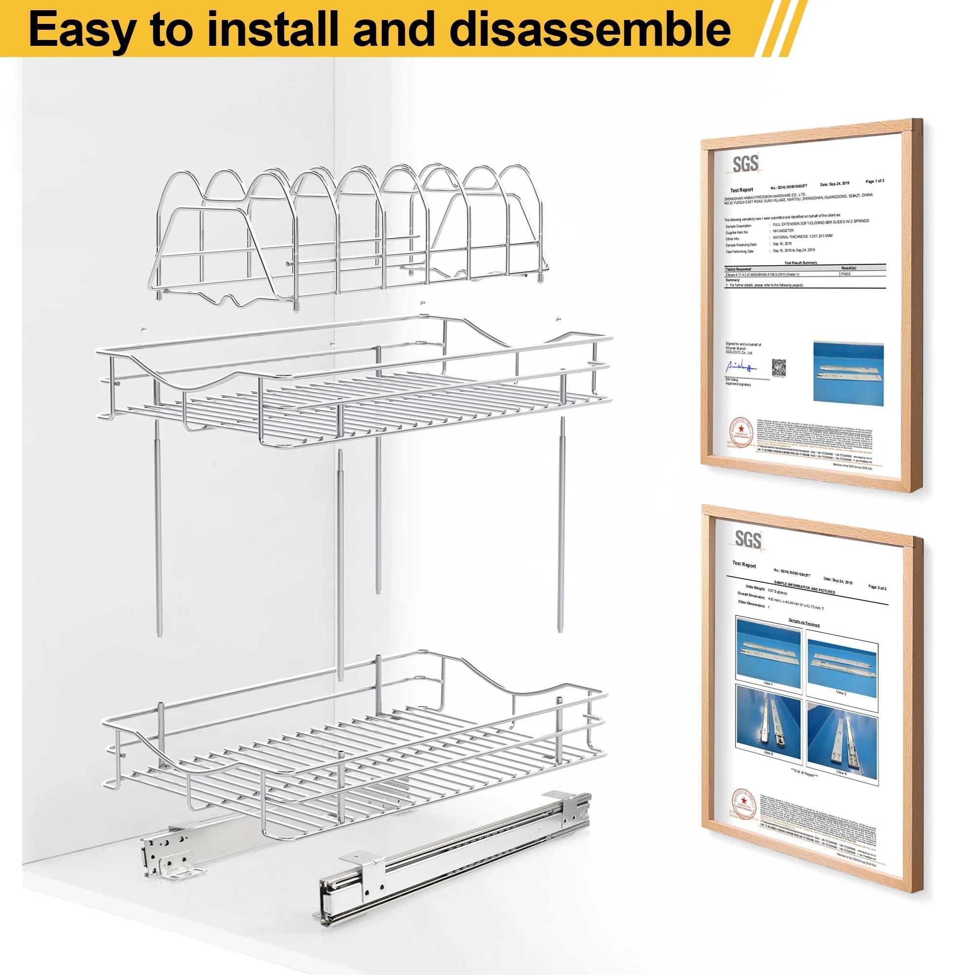 Pull Out Cabinet Pots and Pans Organizer 11" W X 18" D 2 Tier Wire Basket for Lid Cookware Drawer Slide Out Kitchen Cupboard Organization Shelves Shelf for Pantry Roll Out Storage