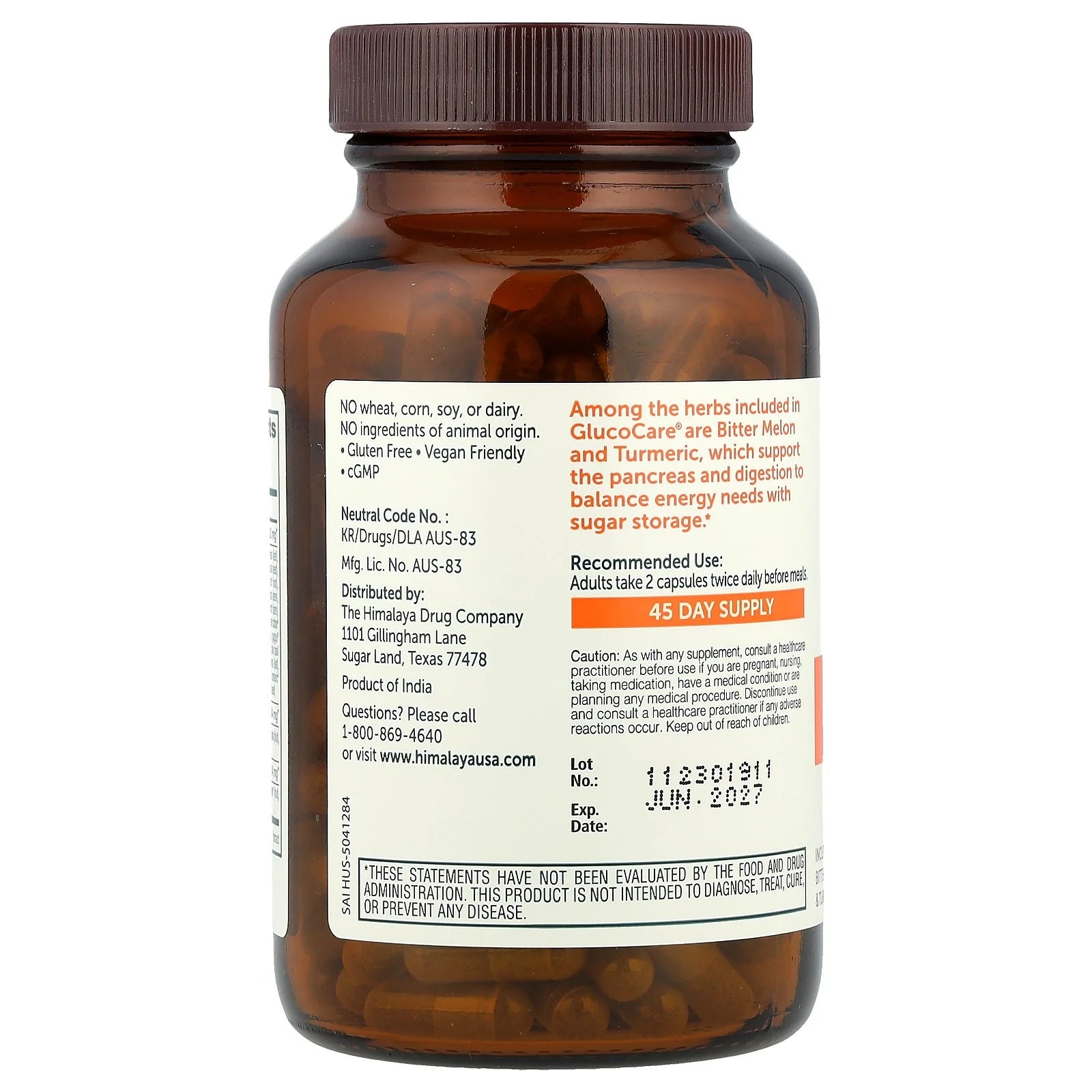 Glucocare Herbal Supplement, Metabolism Support, Pancreatic Support, Triphala, Bitter Melon, Turmeric, 180 Capsules