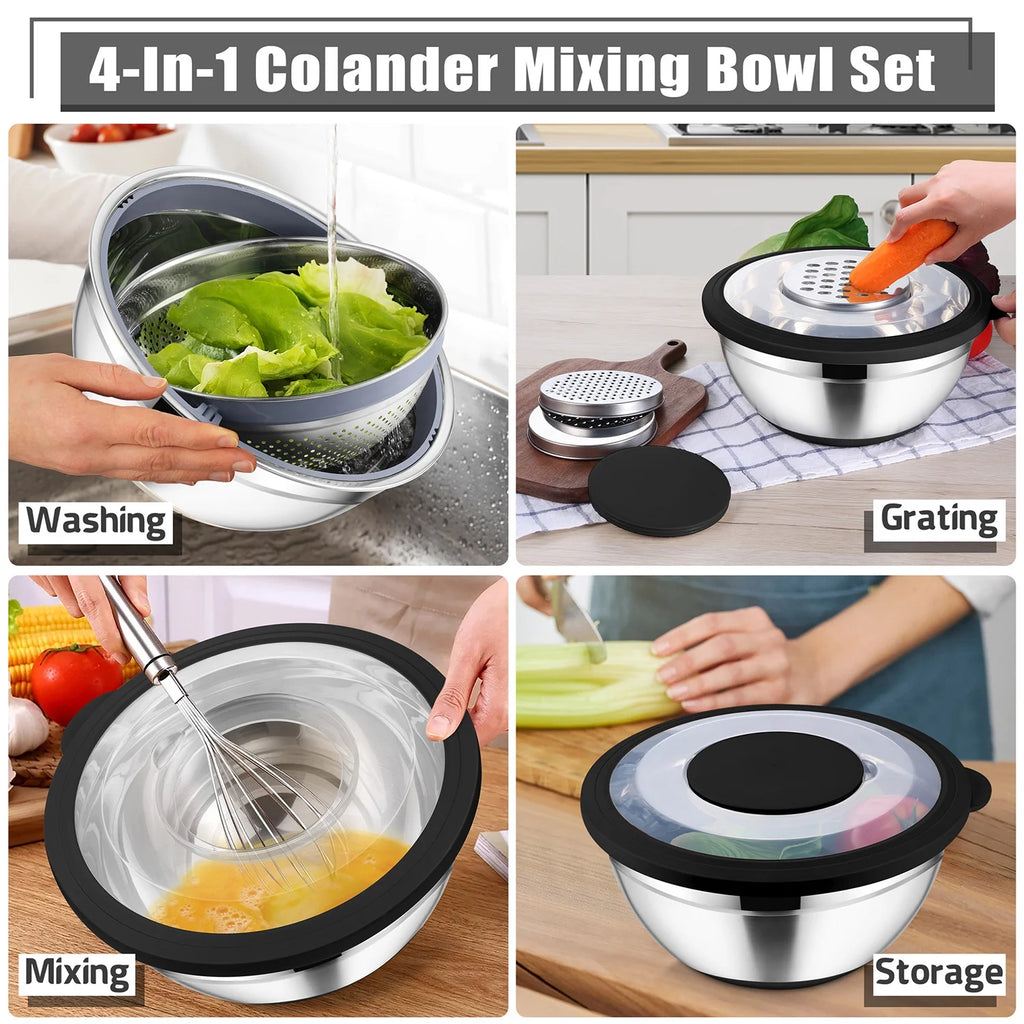 Colander with Mixing Bowl Set, 4 in 1 Stainless Steel Food Strainer with Airtight Visible Lid and 3 Graters, Multifunctional Kitchen Prep Bowls for Washing/Draining/Mixing/ Grating - Black