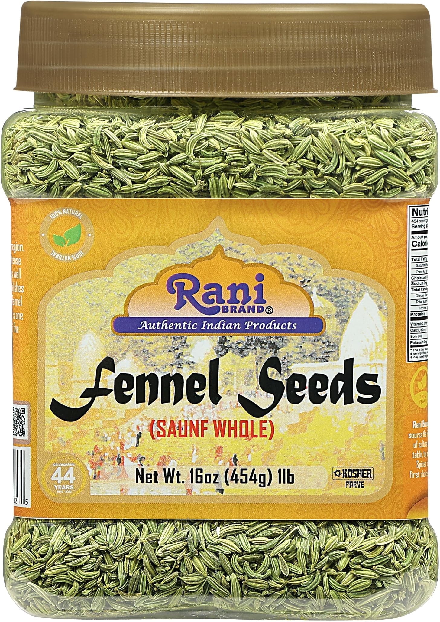 Fennel Seeds (Saunf Sabut) Whole Spice 16Oz (1Lb) 454G PET Jar ~ All Natural | Gluten Friendly | NON-GMO | Vegan | Kosher | Indian Origin