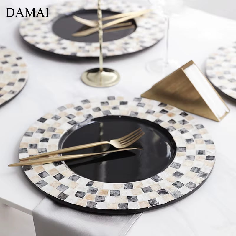 Natural Shell Wood Plates Set Golden Beads Decorative Glass Steak Pasta Plate Serving Tray Dinner Decoration Kitchen Tableware