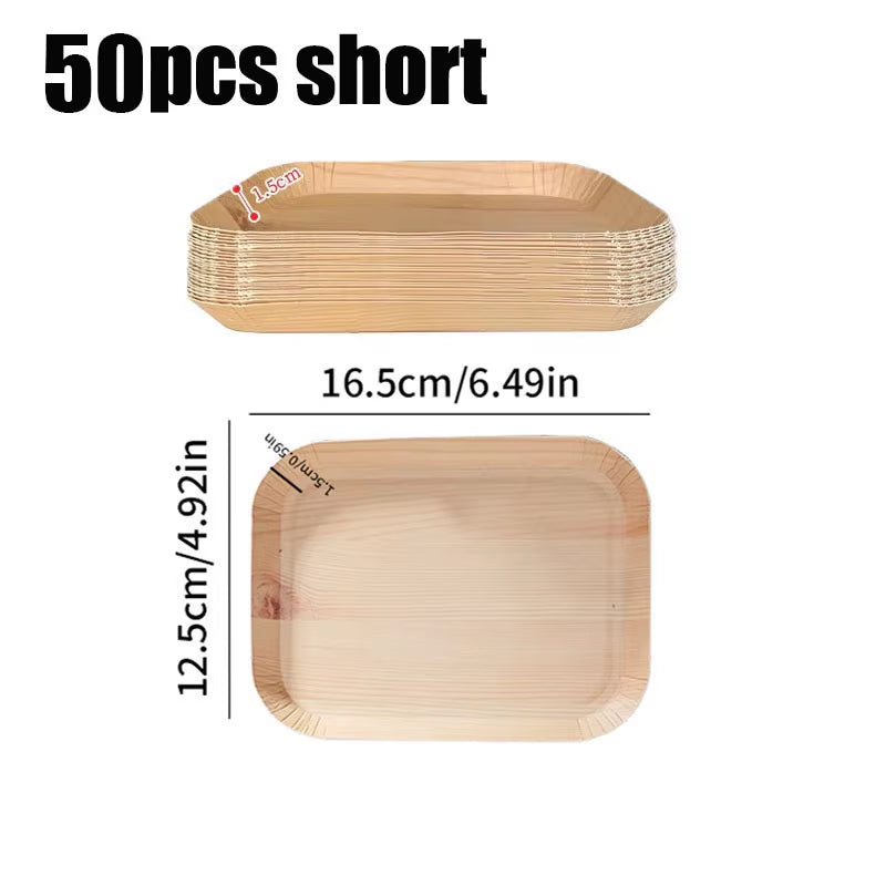 50Pcs Disposable Paper Plates Compostable Wood Grain Paper Tray Natural Wooden Forks Spoons Set Party Table Accessorie