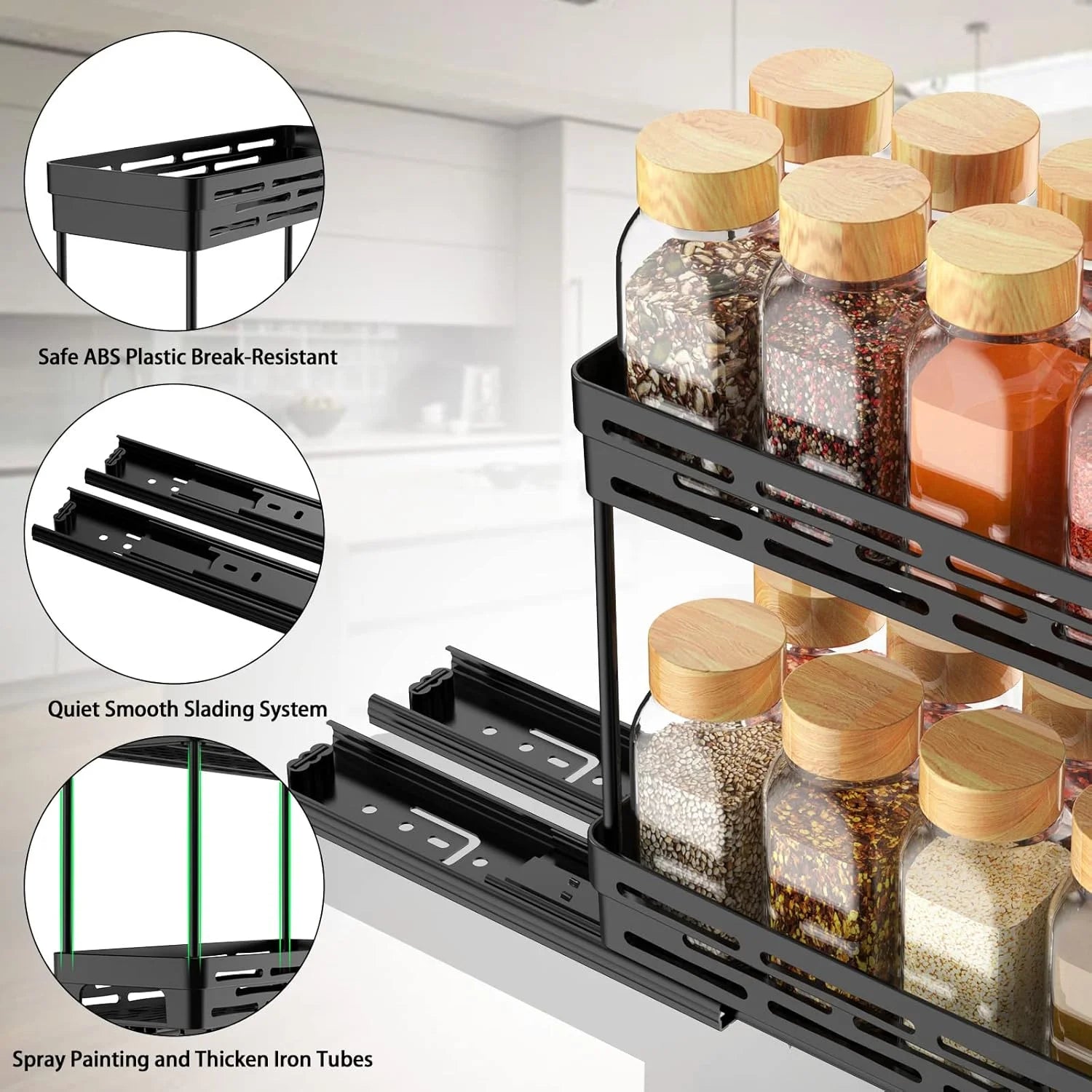 3 Packs Pull Out Spice Rack Organizer for Cabinet,  Slide Out Spice Racks Organizer, Easy to Install Spice Cabinet Organizers, 4.33''Wx10.4''Dx8.5''H, Each Tier Hold 10 Spice Jars - 2 Tier