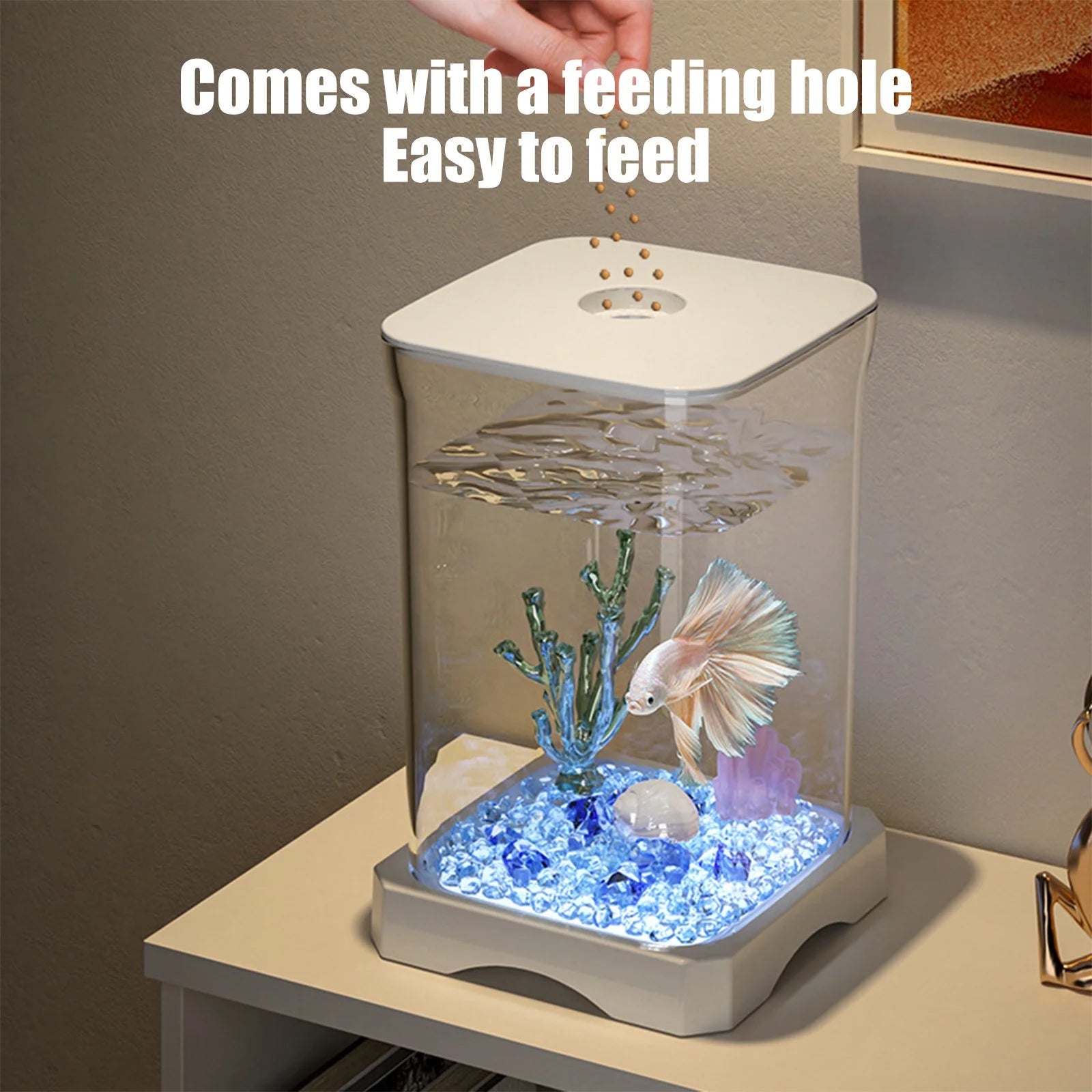 Mini Self-Cleaning Aquarium LED Cube Ecosystem, Desktop Aquarium Starter Kit LED Lighting Design, Fake Fish Tank Mini Aquarium, Fake Aquarium Decorative Lamp, Gift for Kids, White