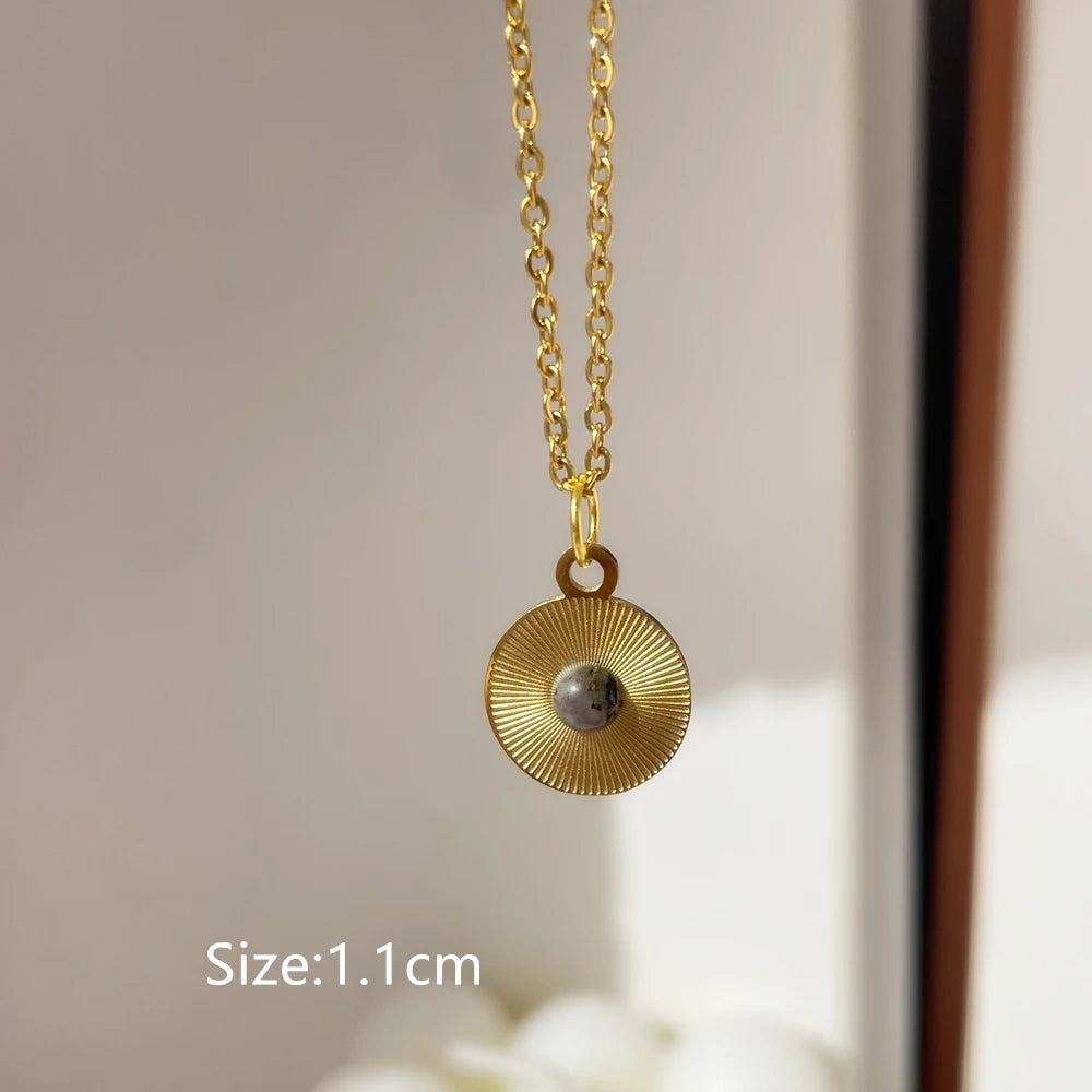 2022 New Gray Enamel round Star Sun Charm Natural Stones Pendants Necklace Stainless Steel Clavicle Chain Jewelry
