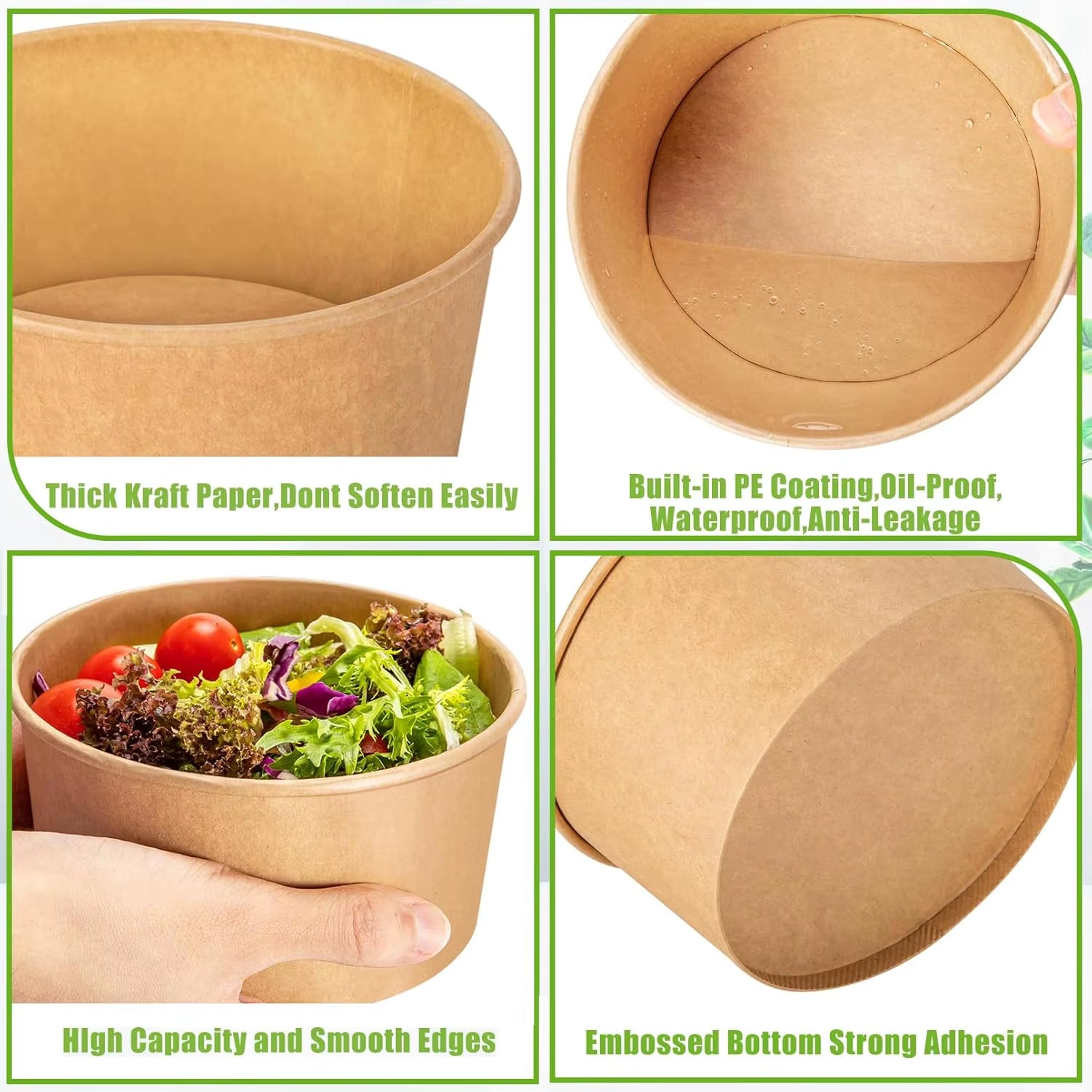 30/1X 500/750/1000ML Portable Kraft Salad Paper Bowls with Lids Biodegradable Disposable Tableware Meal Prep Takeout Bento Boxes