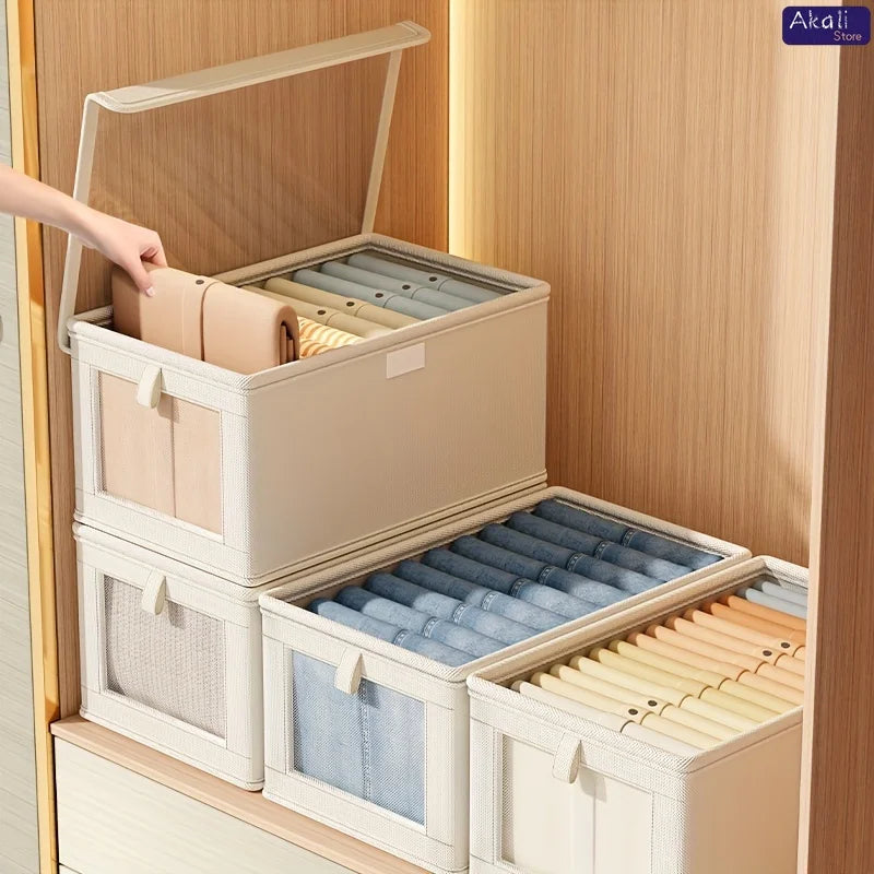 Large Canvas Storage Box with Clear Window Thickened Foldable Clothes Organizer with Lid Home Dustproof Storage Box