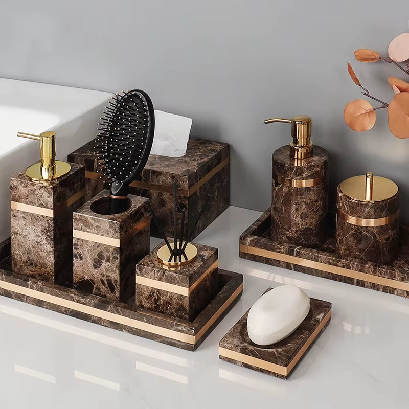 Emperador Dark Natural Marble Bathroom Set Luxury Stone Toothbrush Holder Tooth Mug Soap Dispenser Bathroom Accessories