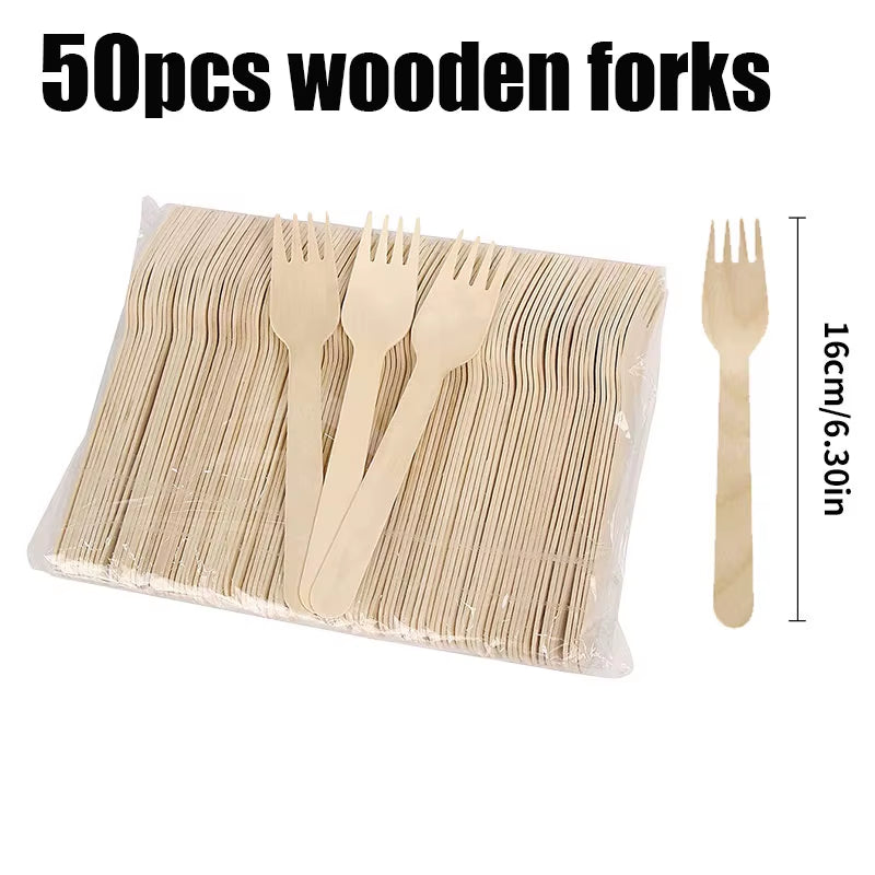 50Pcs Disposable Paper Plates Compostable Wood Grain Paper Tray Natural Wooden Forks Spoons Set Party Table Accessorie