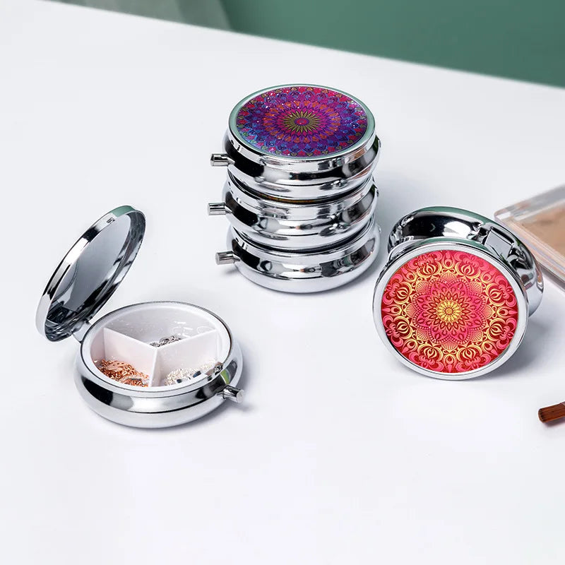 Circular Storage with 3 Compartments Single Compartment Metal Small Medicine Box Jewelry Box Foldable Portable Mini Medicine Box
