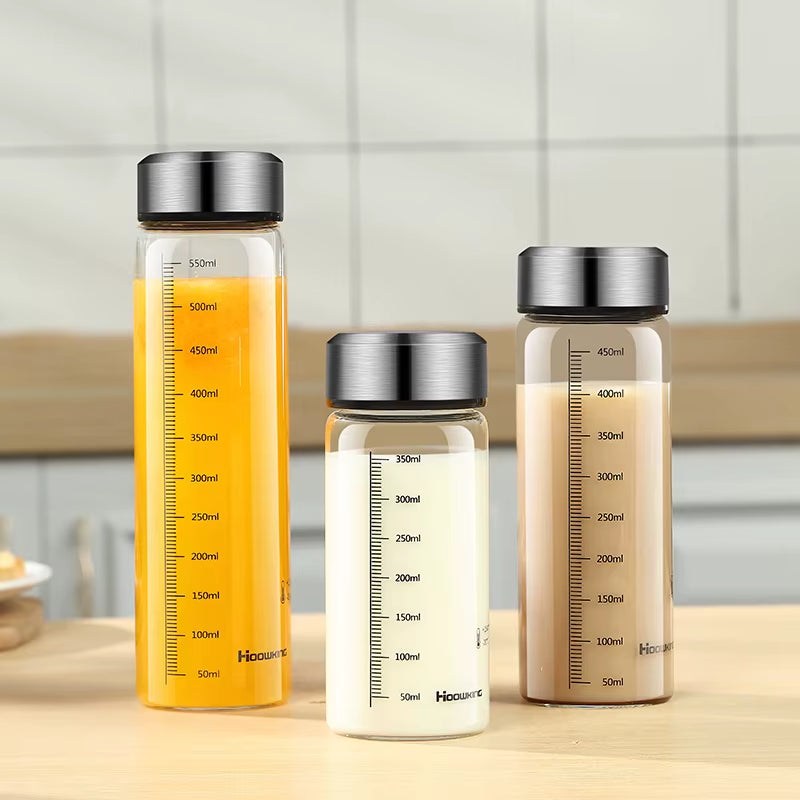Portable Glass Water Bottle Hot Milk Bottle Graduated Cup with Lid Refrigerated Milk Tea Cup Outdoor Sports Water Bottle