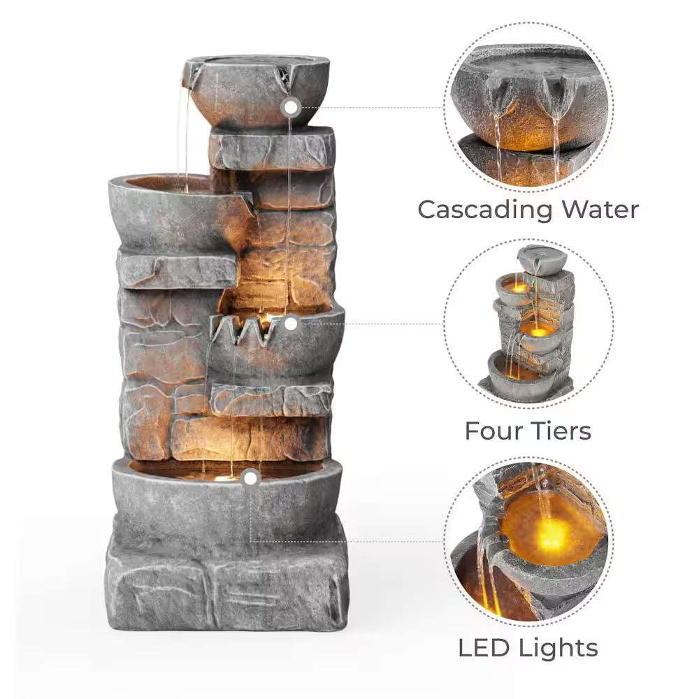 Outdoor Zen Garden 33 In. Stone-Texture Polyresin Cascading Waterfall Fountain with LED Lights