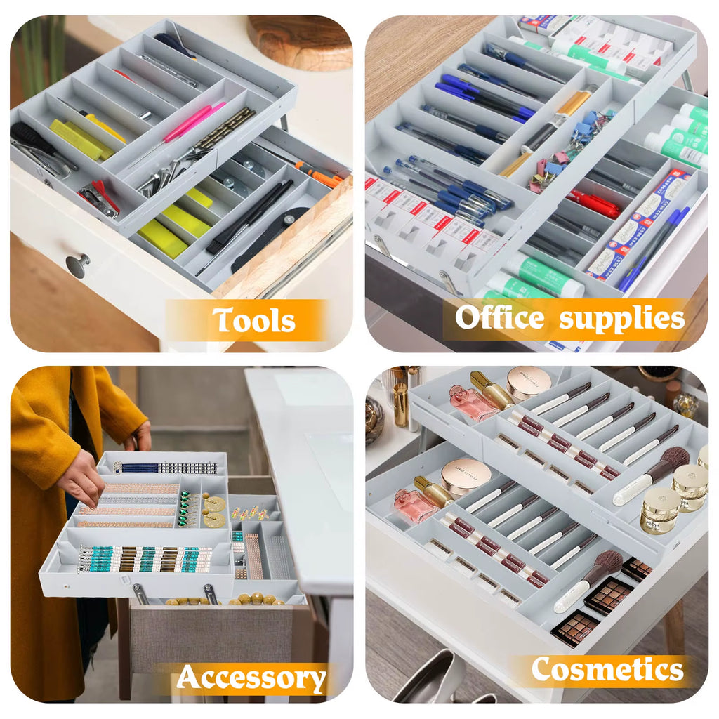 2 Tier Drawer Organizer Multi Level Collapsible Expandable Desk Organizer Trays for Office Supplies, Kitchen Gadgets Utensils