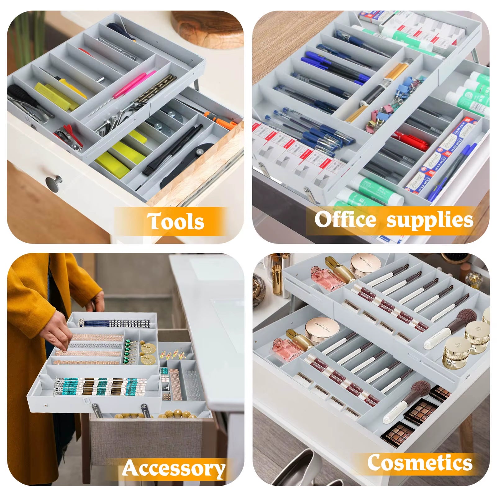 2 Tier Drawer Organizer Multi Level Collapsible Expandable Desk Organizer Trays for Office Supplies, Kitchen Gadgets Utensils