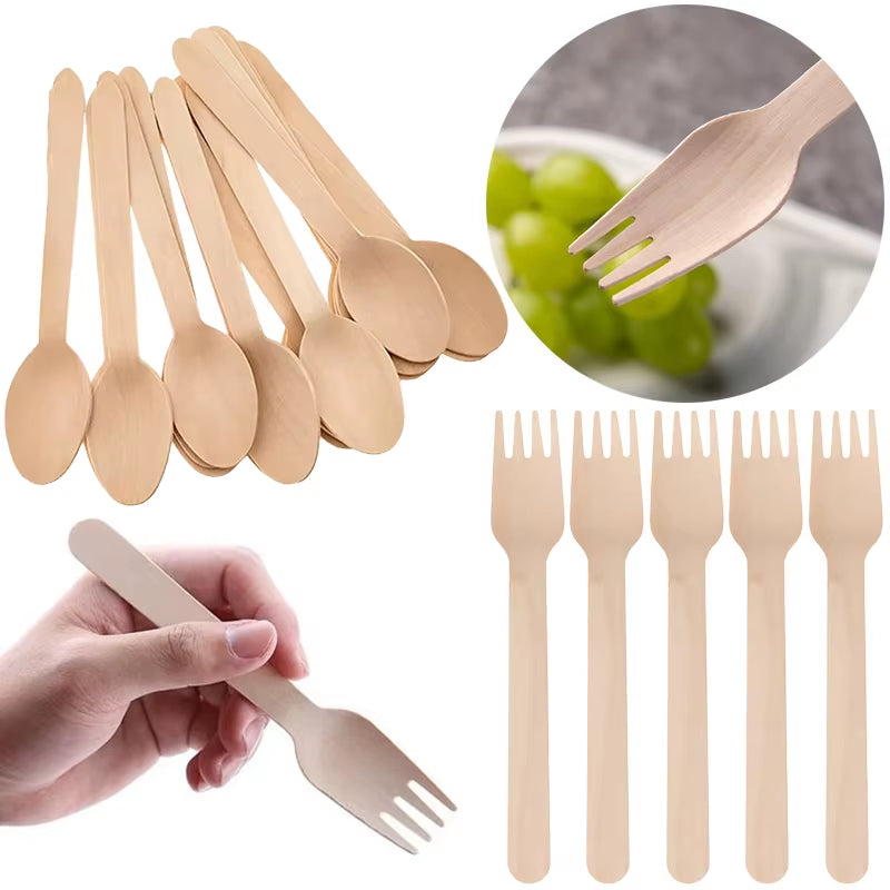 Disposable Wooden Cutlery 50/100PCS Pack 14Cm Fork Spoon Party Camping Picnic Wedding Travel Tableware Sets Kitchen Supplies ZYF