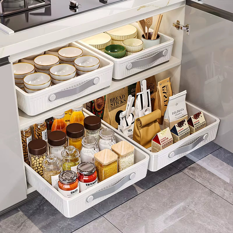 Kitchen Sliding Drawer with Slide Rail Cabinet Clothes Spice Dish Bowl Storage Rack Pull Out Cabinet Organizer Tray with Handle