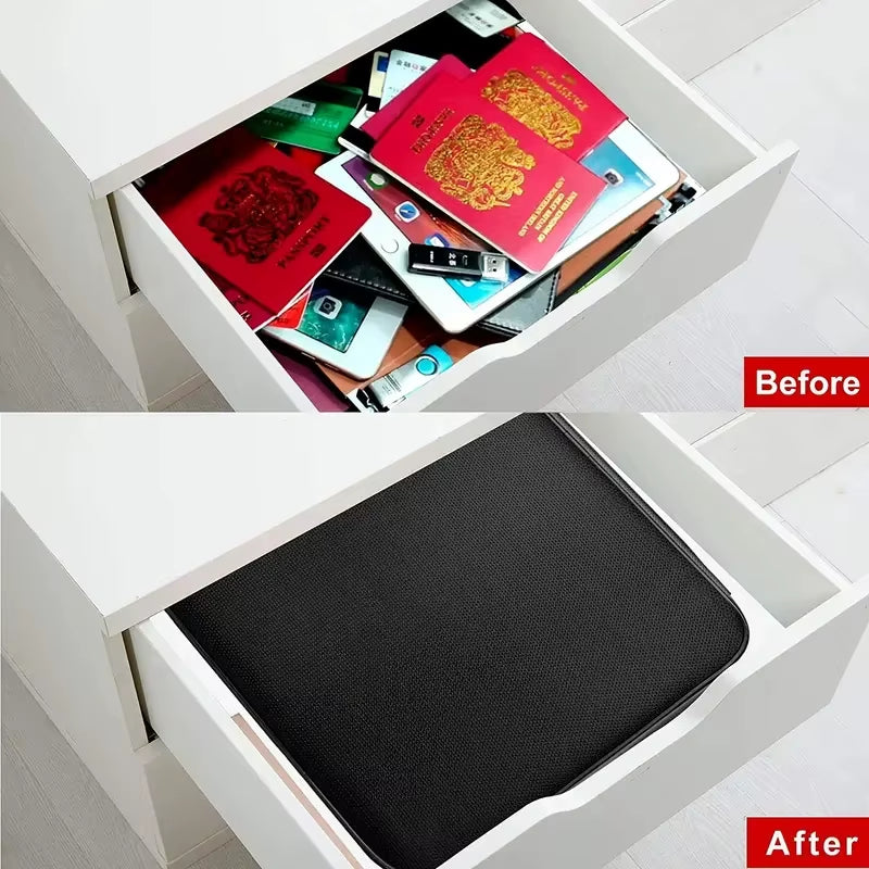 Fireproof Black Document Bag , Water-Resistant Zipper Portable Laptopfiles Certificates Organizer Box , Multi-Compartment File