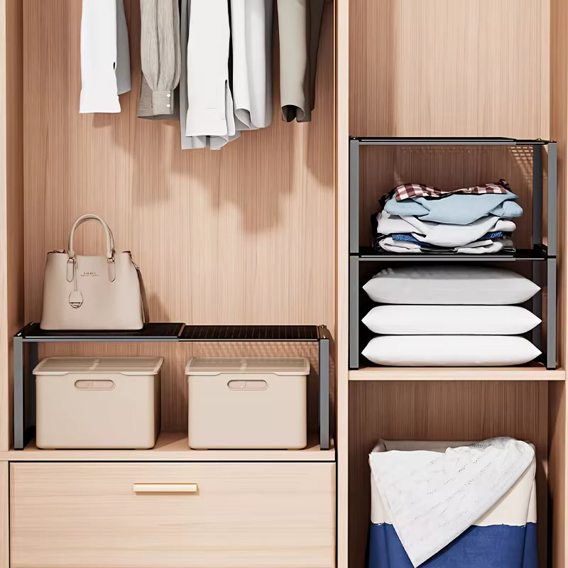 Expandable and Adjustable Wardrobe Organizer Space-Saving Stackable Shelf for Kitchen Bedroom Cabinet and Desktop Organization