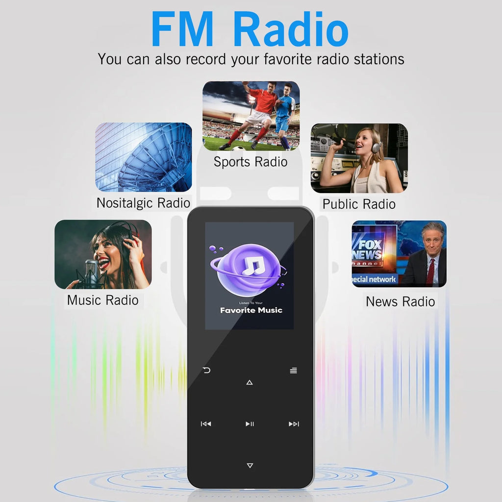 16GB MP3 Player with Bluetooth 1.8 Inch Screen Portable Music Player with Speaker, Voice Recorder, Video, E-Book, Photo, Touch Buttons Digital Audio Player, Supports Expanded up to 128GB, Black