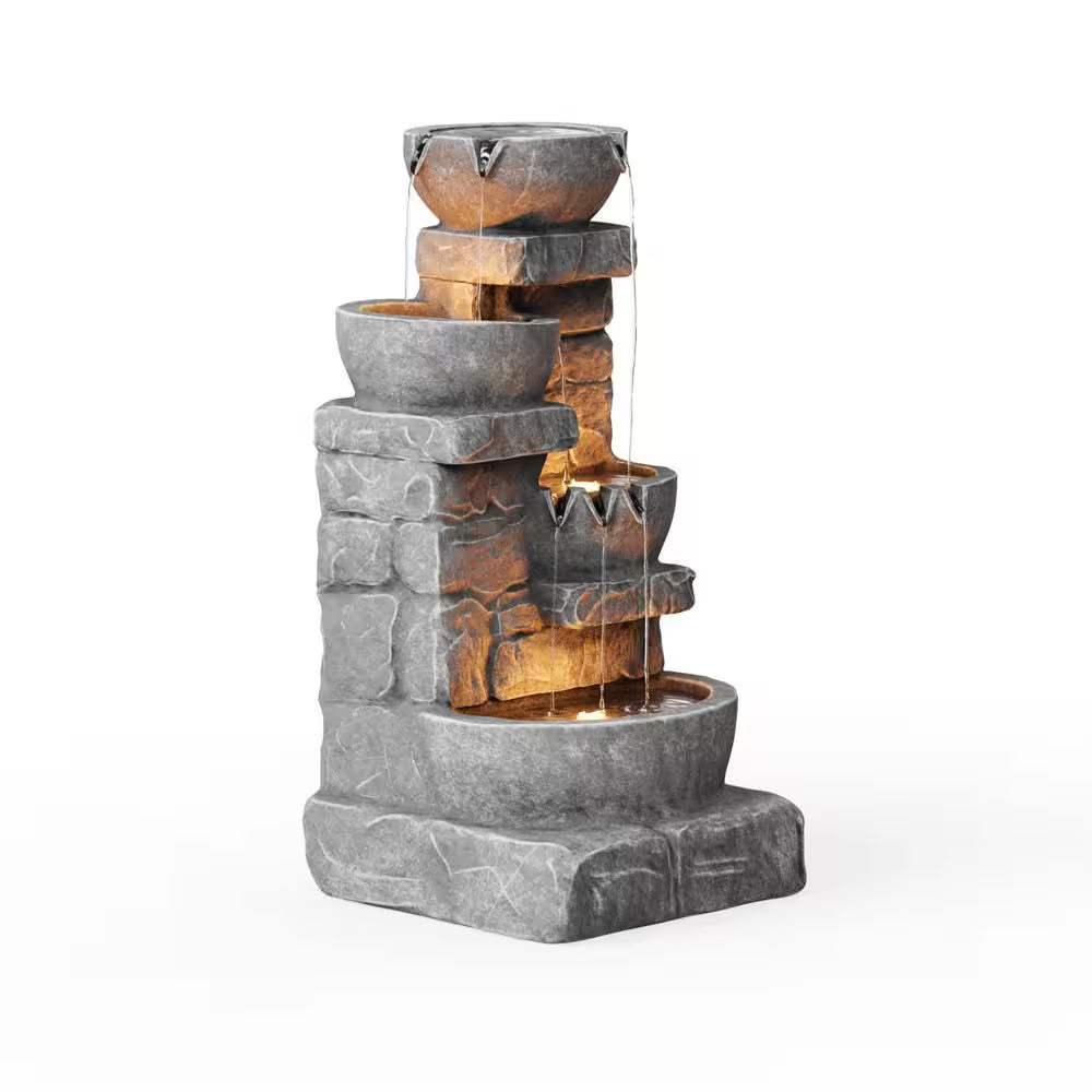 Outdoor Zen Garden 33 In. Stone-Texture Polyresin Cascading Waterfall Fountain with LED Lights