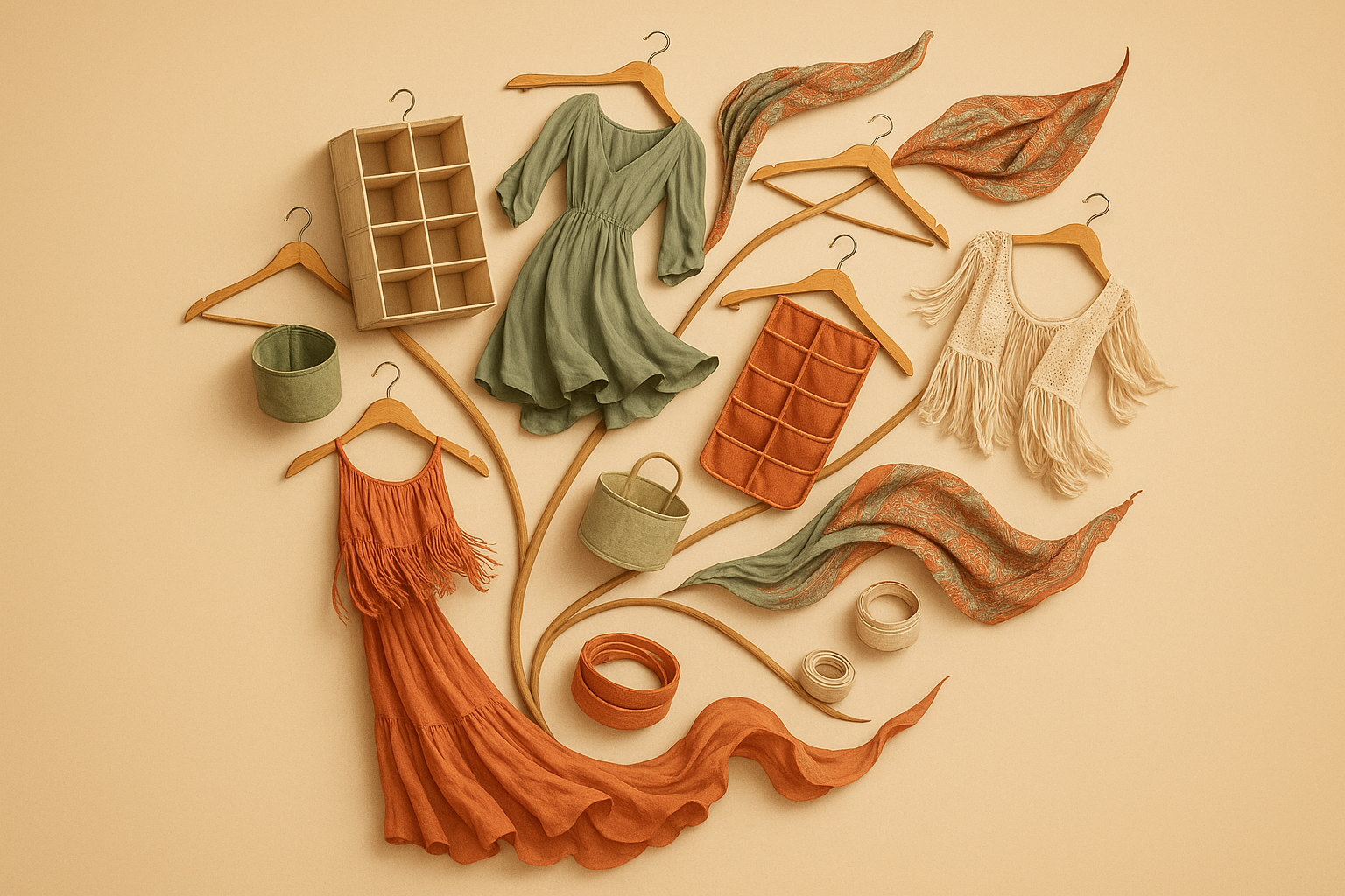 closet organizers, hangers, tapes, boho clothes arranged as a dancing leaf
